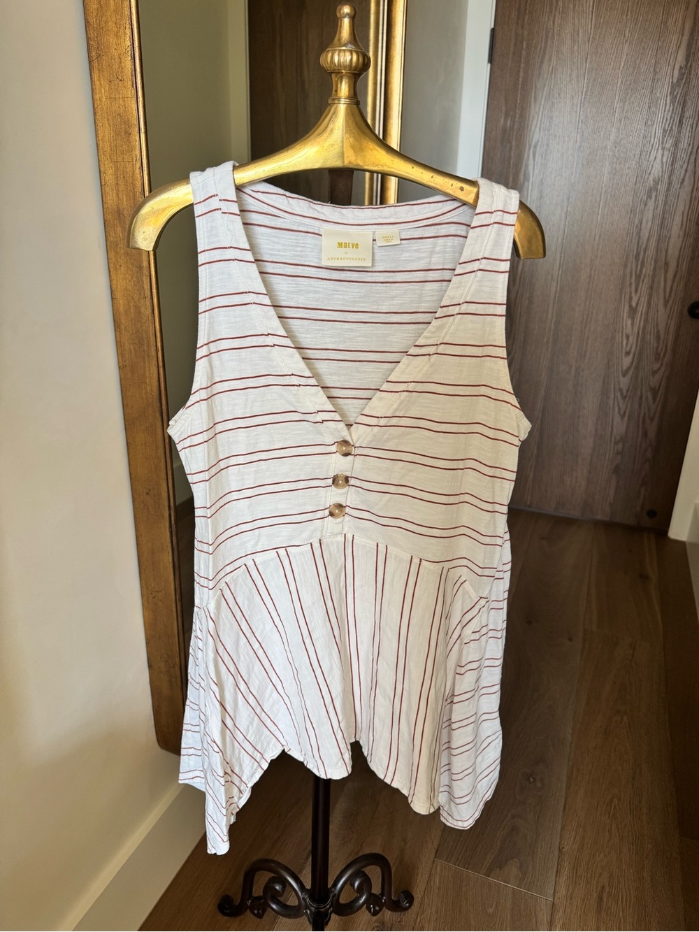 Maeve Women's white & Rust neutral Striped V-Neck Button Tank